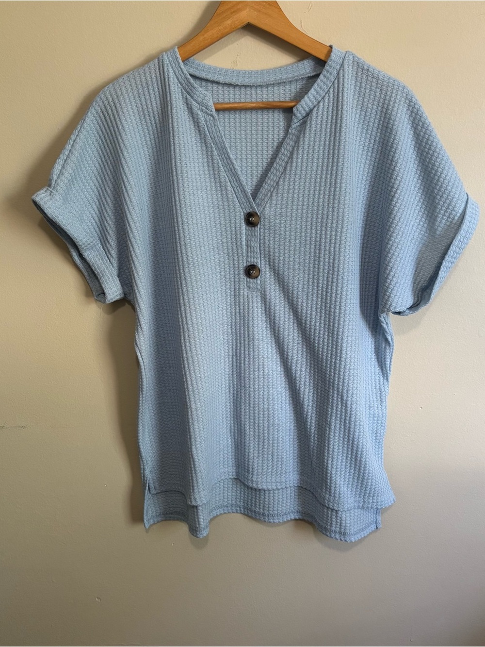 SHEIN Baby Blue Waffle Knit V-Neck Henley Dolman Sleeve Top Size L